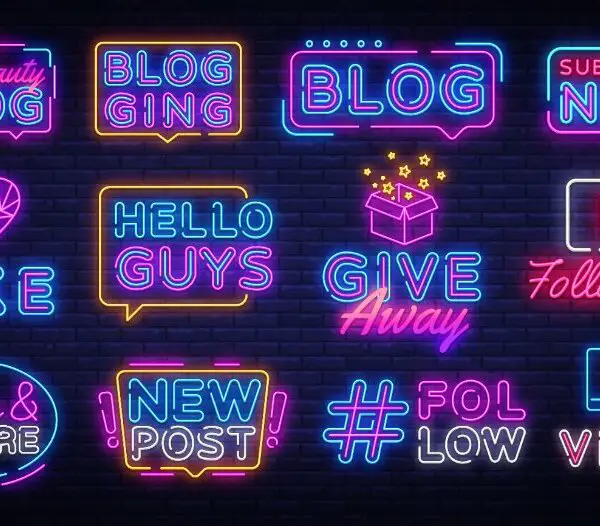 Un ensemble d'icônes de blogs et de médias sociaux au néon sur un mur de briques.