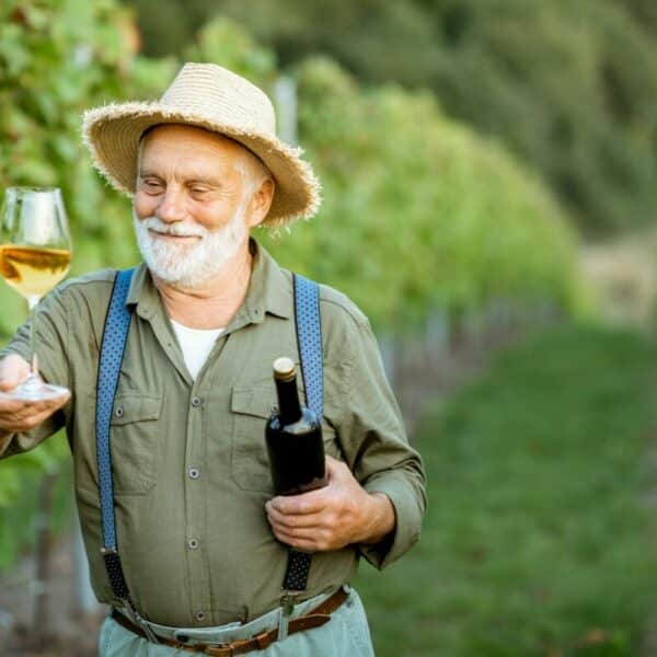 Un homme plus âgé tenant un verre de vin dans un vignoble