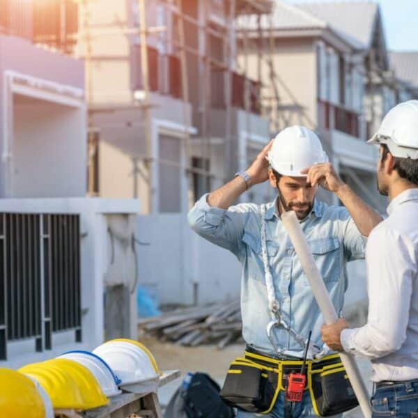 Architecte, contremaître et ouvrier discutant sur un chantier de construction sur un chantier de construction