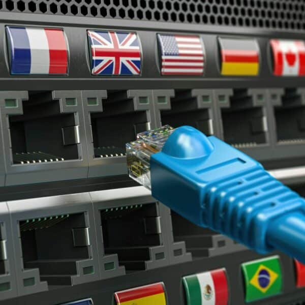 VPN virtual private network conncetion concept. Lan cable and a router with different flags.