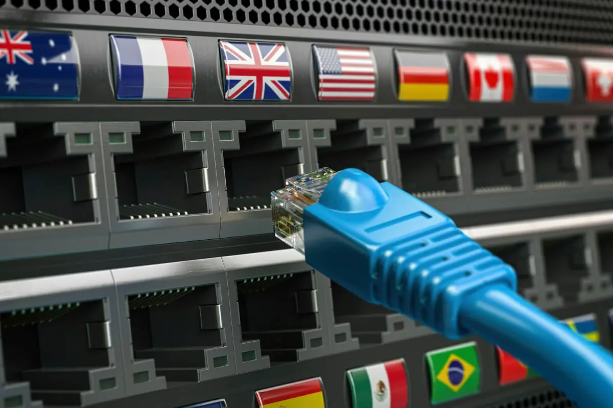 VPN virtual private network conncetion concept. Lan cable and a router with different flags.