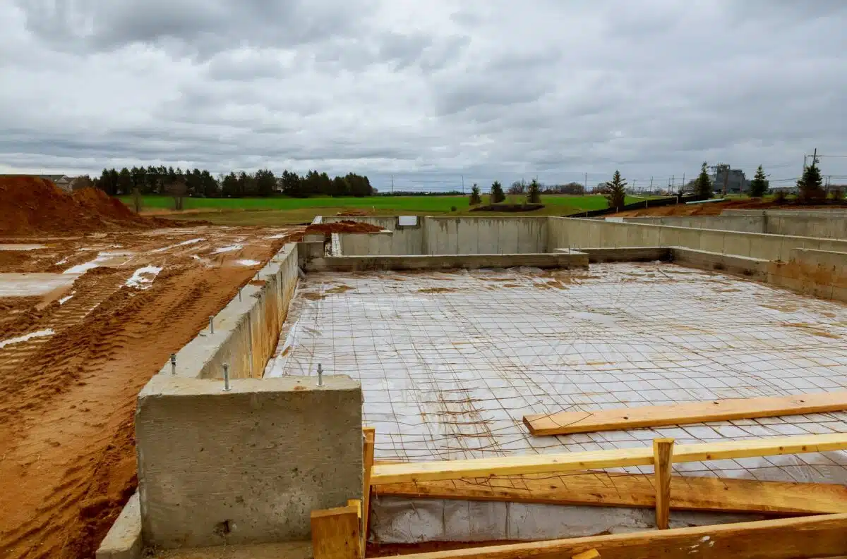 Fondation en béton en construction avec barres d'armature et charpente en bois en place par temps nuageux, entourée de terre et d'herbe.