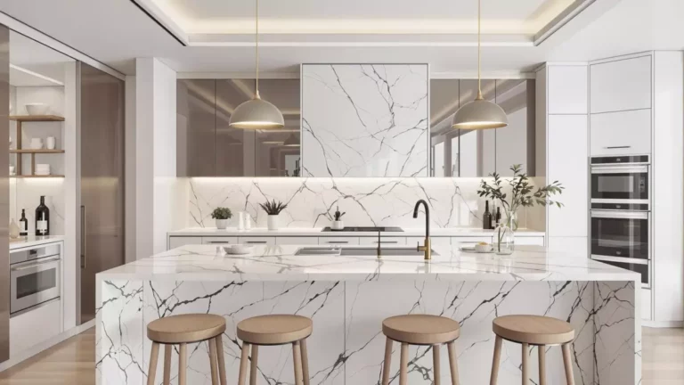 Cuisine moderne avec comptoirs et dosseret en marbre blanc, comprenant trois tabourets en bois, des luminaires suspendus, des appareils intégrés et des plantes en pot.