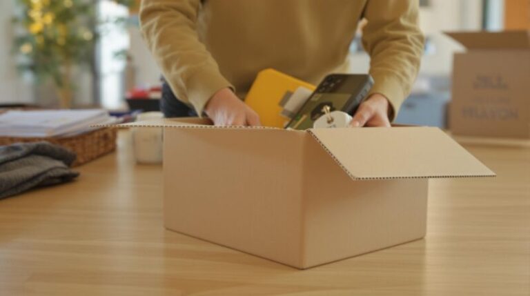 Personne emballant des objets dans un carton.