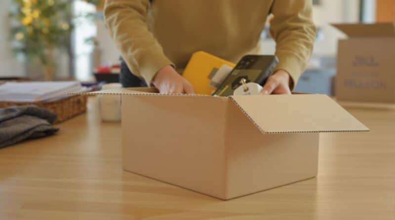 Personne emballant des objets dans un carton.