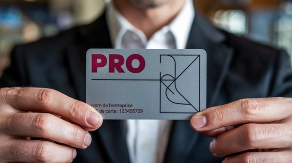 Une personne en costume tient une carte grise étiquetée « PRO » avec les informations sur l'entreprise et la carte imprimées en dessous.