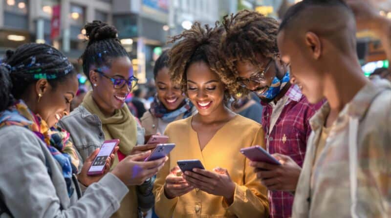 Groupe de personnes regardant des téléphones portables