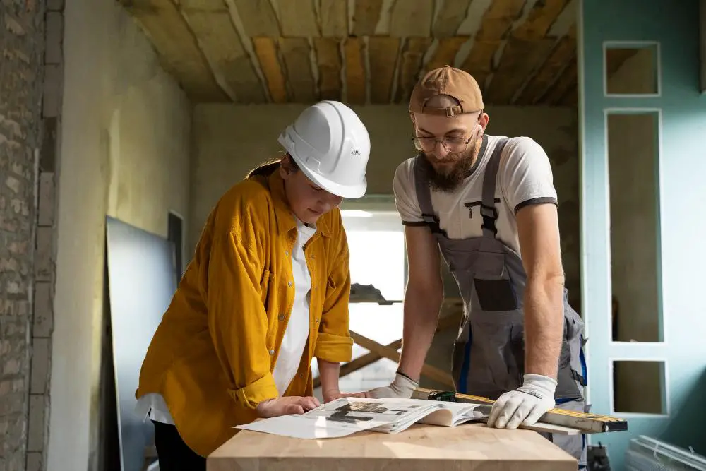Deux ouvriers du bâtiment examinent des plans de construction sur une table dans une pièce partiellement rénovée. L'un porte un casque, l'autre une barbe et une casquette.