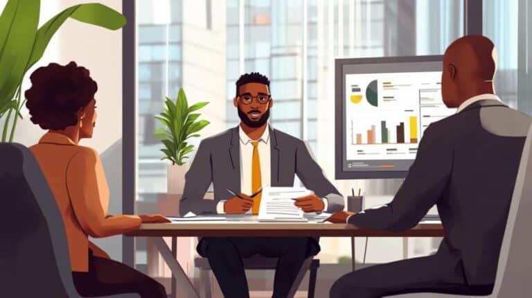 Trois personnes dans une salle de réunion avec vue sur la ville. Un homme tient des documents tandis que d'autres écoutent. Un écran d'ordinateur affiche des graphiques.