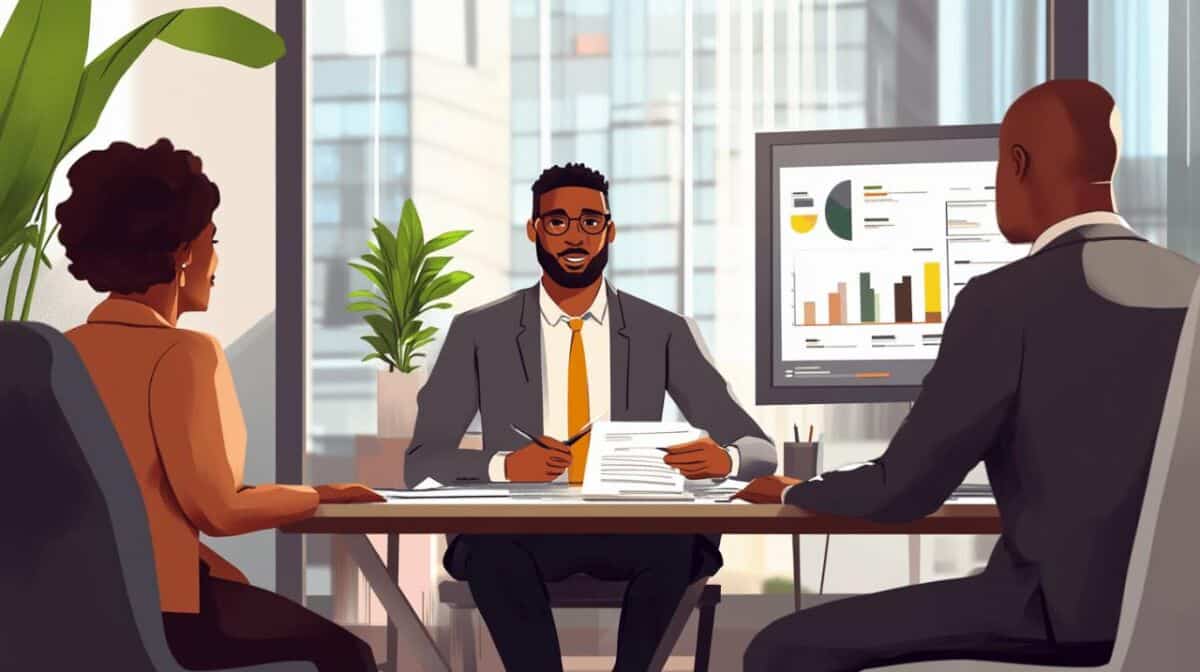 Trois personnes dans une salle de réunion avec vue sur la ville. Un homme tient des documents tandis que d'autres écoutent. Un écran d'ordinateur affiche des graphiques.