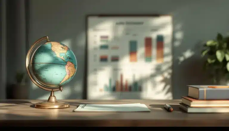 Un globe une pile de livres et des papiers sur un bureau avec un tableau flou et une plante en arrière plan