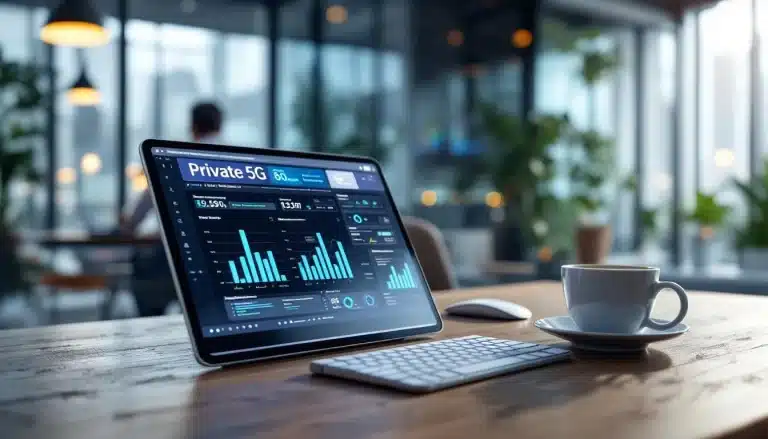 Une tablette affichant des analyses de réseaux g privés est posée sur une table en bois à côté d un clavier et d une tasse de café dans un bureau moderne et ensoleillé