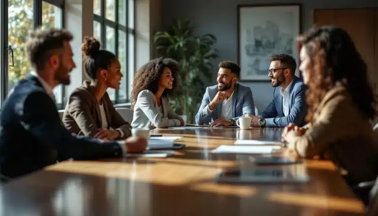 Six personnes en tenue de travail sont assises autour d une table de conférence dans un bureau moderne engagées dans une discussion avec des papiers et des tasses de café sur la table