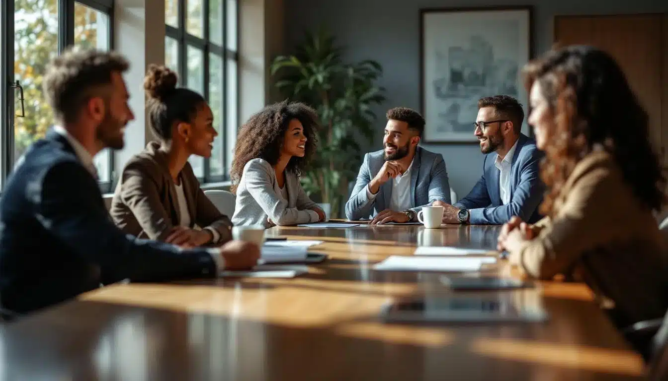 L’importance stratégique du comité d’entreprise : bien plus qu’un simple relais social 1 Six personnes en tenue de travail sont assises autour d une table de conférence dans un bureau moderne engagées dans une discussion avec des papiers et des tasses de café sur la table