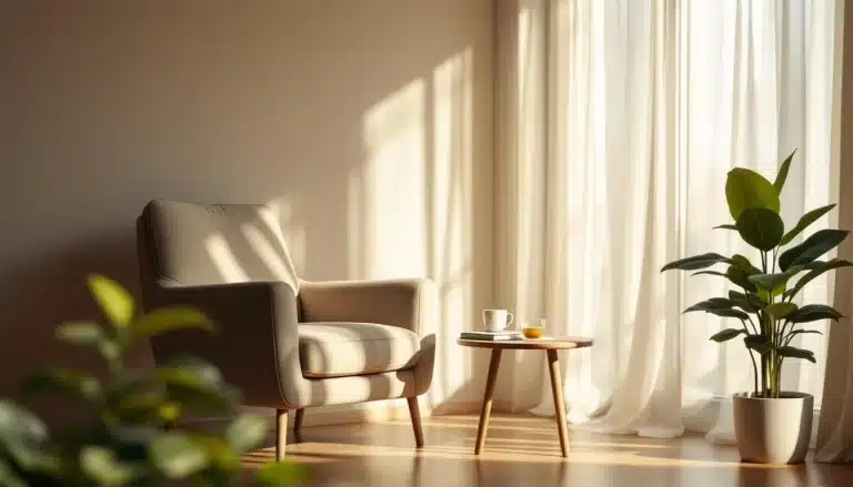 Un fauteuil confortable est assis à côté d une petite table ronde avec une tasse et une soucoupe près de rideaux transparents et de plantes en pot dans une pièce ensoleillée