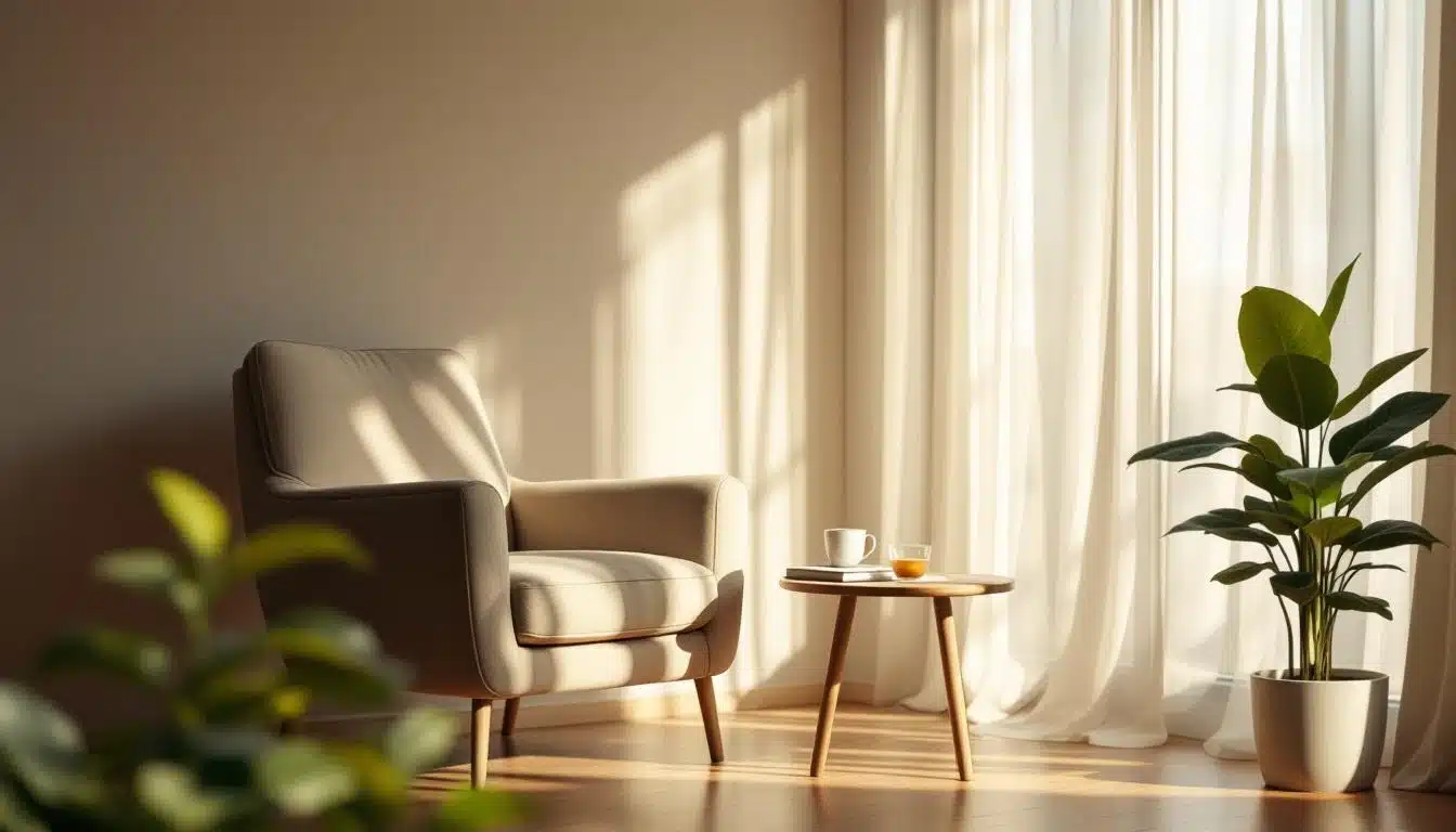 Un fauteuil confortable est assis à côté d une petite table ronde avec une tasse et une soucoupe près de rideaux transparents et de plantes en pot dans une pièce ensoleillée