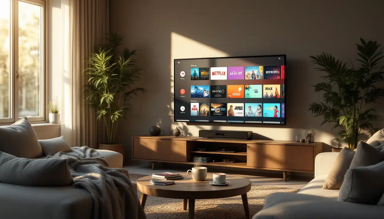 Abokav nouvelle adresse : tout savoir sur l’évolution de cette plateforme de streaming 1 Un salon moderne avec un téléviseur affichant des applications de services de streaming entouré de canapés d une table basse avec des tasses et des plantes d intérieur près d une grande fenêtre