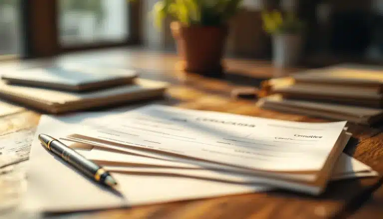 Un stylo est posé sur des documents et une enveloppe fermée sur un bureau en bois avec d autres documents et une plante en pot à l arrière plan
