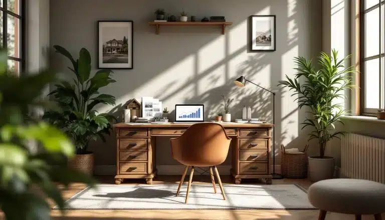 Un bureau à domicile avec un bureau en bois une chaise marron un ordinateur portable affichant un graphique à barres des plantes en pot des œuvres d art encadrées sur les murs et la lumière du soleil qui traverse de grandes fenêtres