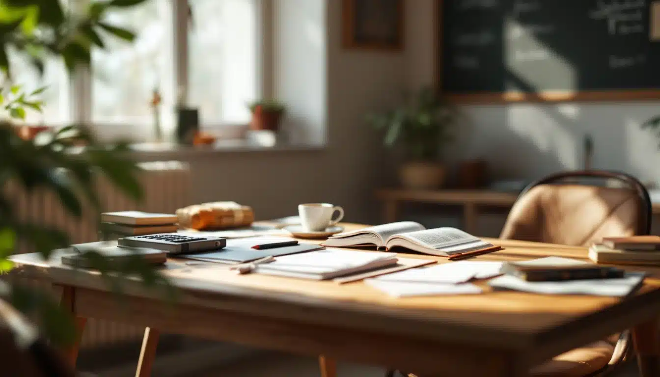 Un bureau en bois avec des livres ouverts des papiers une calculatrice des stylos et une tasse de café dans une pièce ensoleillée avec des plantes d intérieur et un tableau noir en arrière plan