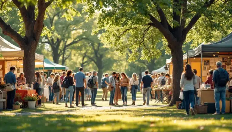 Par une journée ensoleillée les gens se rendent sur les étals des marchés en plein air installés parmi les arbres pour acheter des produits et se rencontrer dans un cadre semblable à celui d un parc