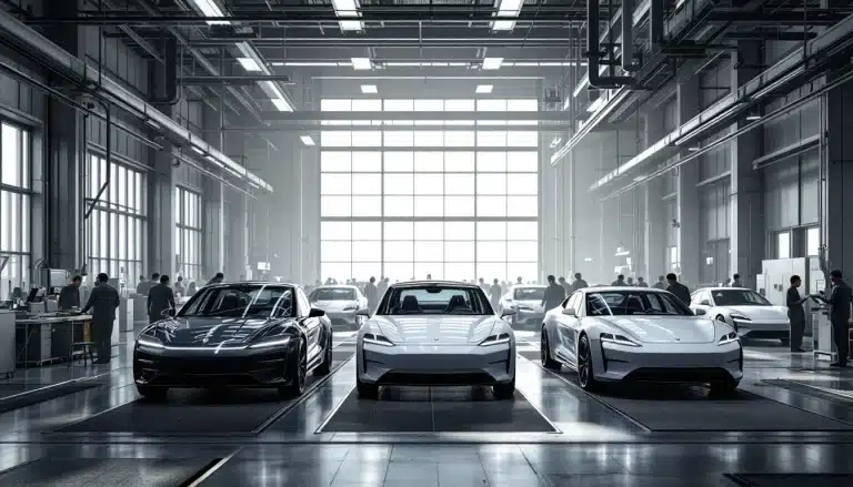 Trois voitures électriques modernes sont garées côte à côte dans une usine automobile avec des ouvriers et d autres voitures visibles à l arrière plan