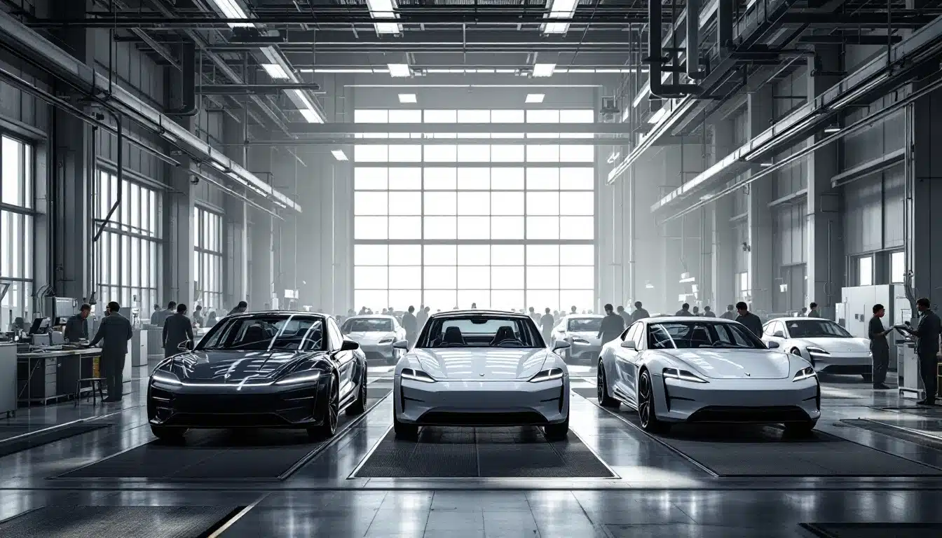 Trois voitures électriques modernes sont garées côte à côte dans une usine automobile avec des ouvriers et d autres voitures visibles à l arrière plan