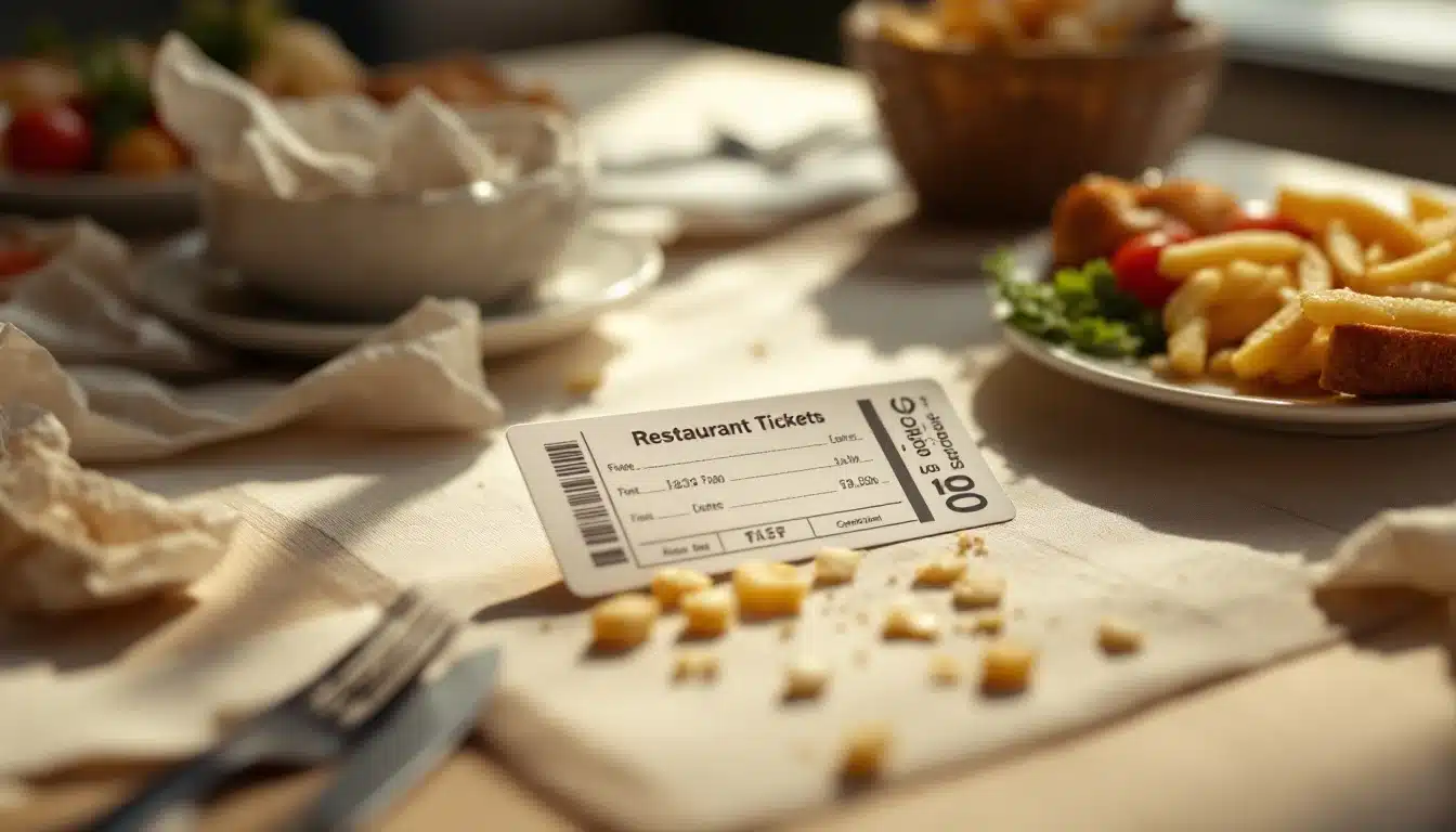 Les inconvénients de la carte ticket restaurant : ce qu’on ne vous dit pas toujours 1 Une table de restaurant avec des assiettes de nourriture des miettes et un ticket de restaurant placé en évidence sur la nappe