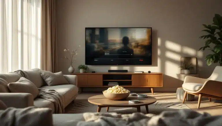 Un salon moderne avec une télévision accrochée au mur un bol de pop corn sur une table basse ronde et la lumière du soleil qui traverse une fenêtre