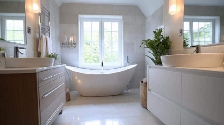 Salle de bains moderne avec une baignoire autoportante centrée entre deux meubles lavabos de grandes fenêtres des plantes et un décor aux tons neutres