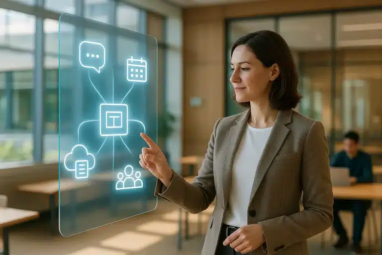 Une femme en tenue de travail interagit avec une interface numérique transparente affichant des icônes pour le chat le calendrier le stockage sur le cloud les documents et les utilisateurs dans un bureau moderne