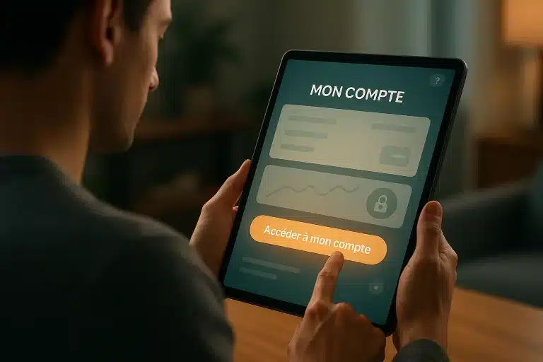 Une personne tient une tablette affichant un écran de connexion en français avec le titre "mon compte" et un bouton en surbrillance intitulé "accéder à mon compte"
