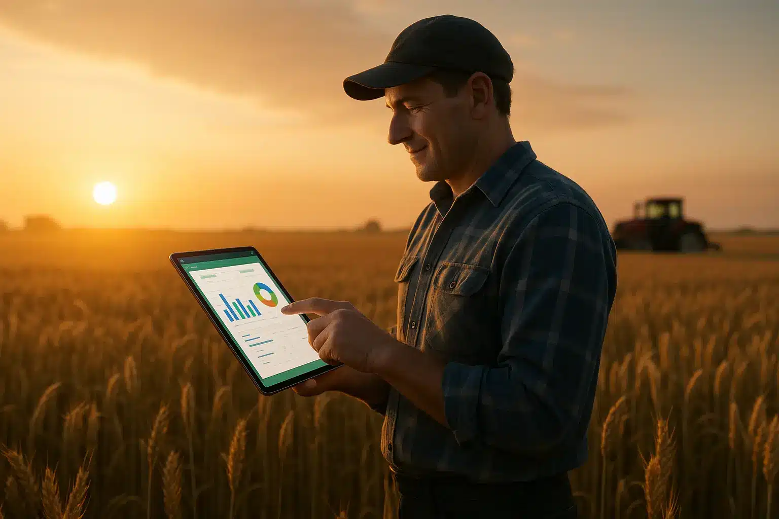 Un homme se tient dans un champ de blé au coucher du soleil utilisant une tablette affichant des graphiques et des tableaux un tracteur est visible à l arrière plan