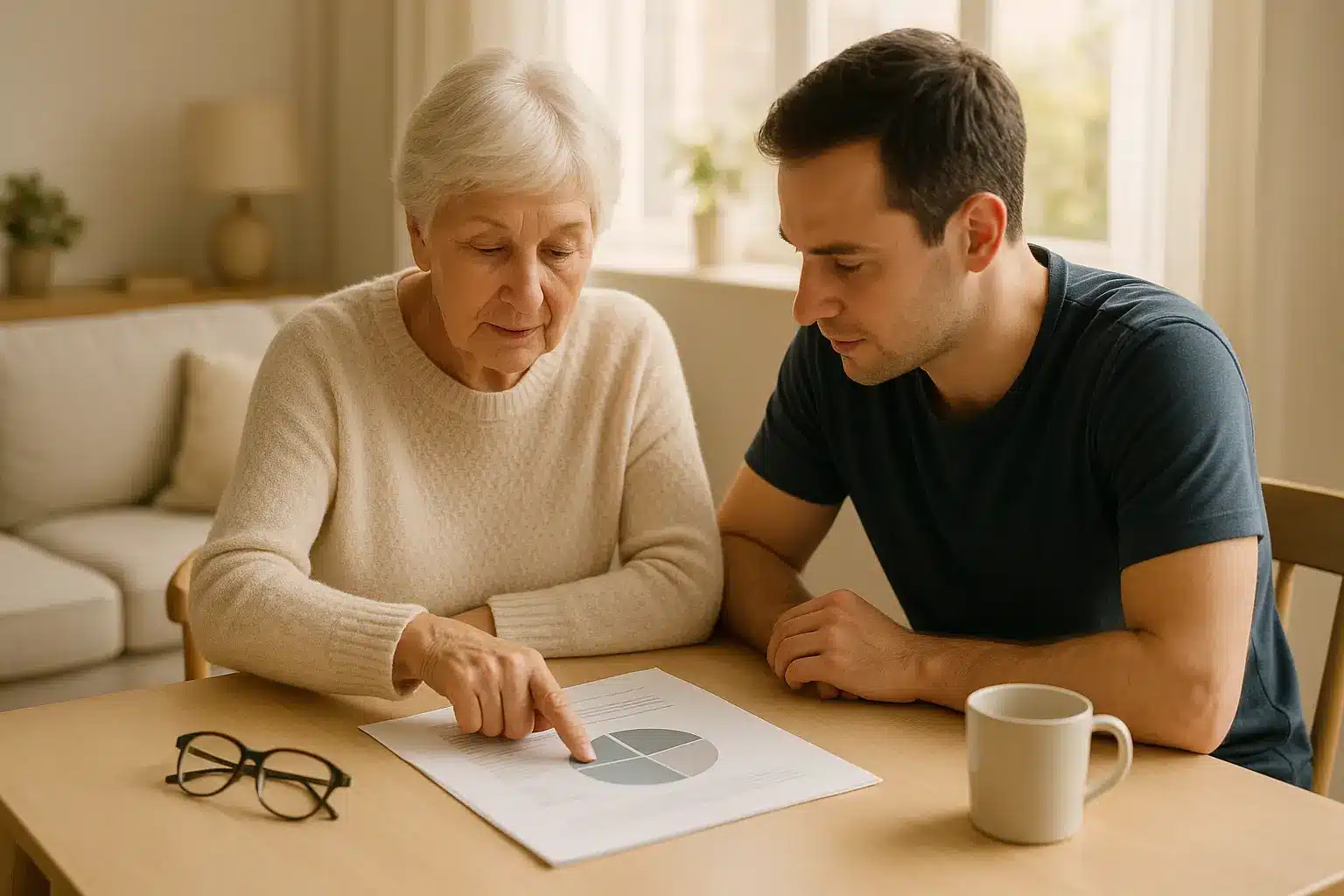 Une femme plus âgée et un homme plus jeune sont assis à une table et examinent un document contenant un diagramme circulaire la femme montre le graphique tandis que l homme écoute des verres et une tasse sont posés sur la table