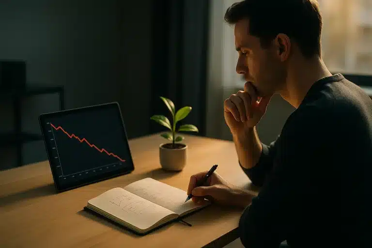 Un homme est assis à un bureau regarde une tablette affichant un graphique à tendance baissière et prend des notes dans un carnet une petite plante est posée sur le bureau