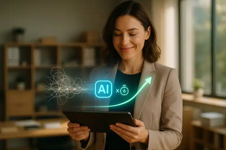 Une femme en tenue de travail sourit tout en utilisant une tablette avec des graphiques sur le thème de l ia et une flèche vers le haut affichée devant elle dans un bureau moderne