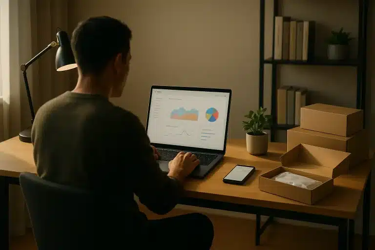 Une personne est assise à un bureau et travaille sur un ordinateur portable affichant des graphiques le bureau est équipé d une lampe d une plante d un téléphone et de boîtes en carton des étagères et des livres se trouvent à l arrière plan