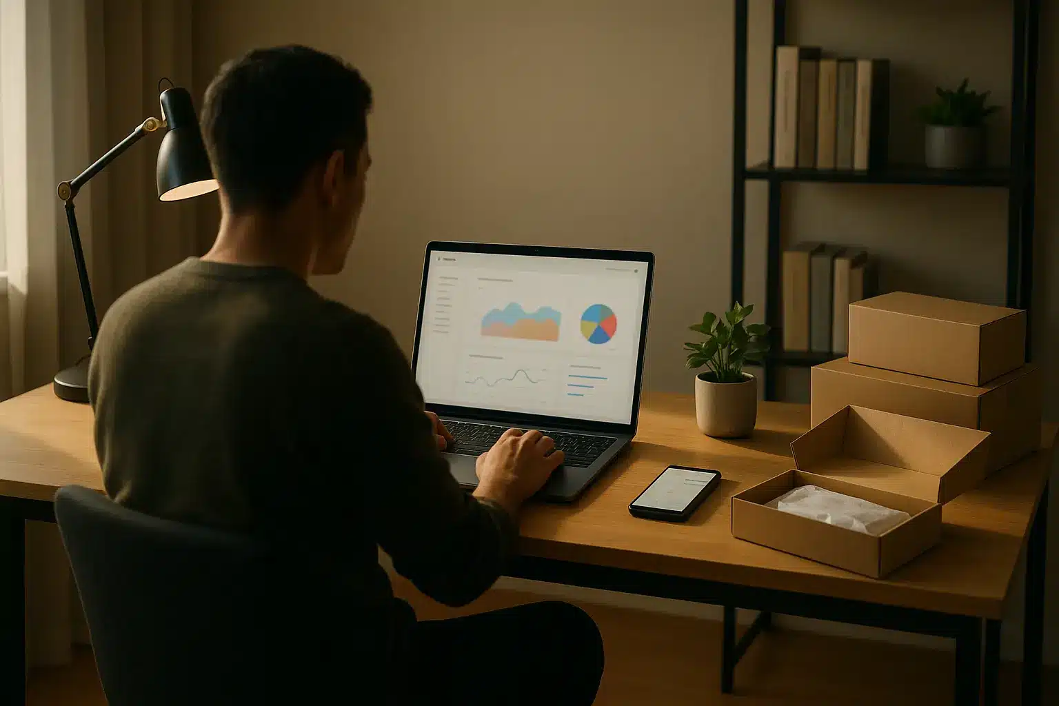 Une personne est assise à un bureau et travaille sur un ordinateur portable affichant des graphiques le bureau est équipé d une lampe d une plante d un téléphone et de boîtes en carton des étagères et des livres se trouvent à l arrière plan
