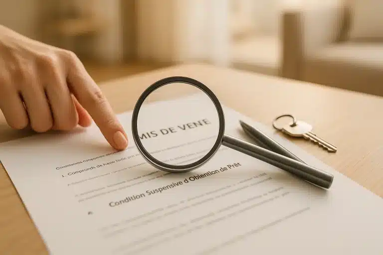 Une main désigne un document posé sur une table à côté duquel se trouvent une loupe un stylo et un trousseau de clés