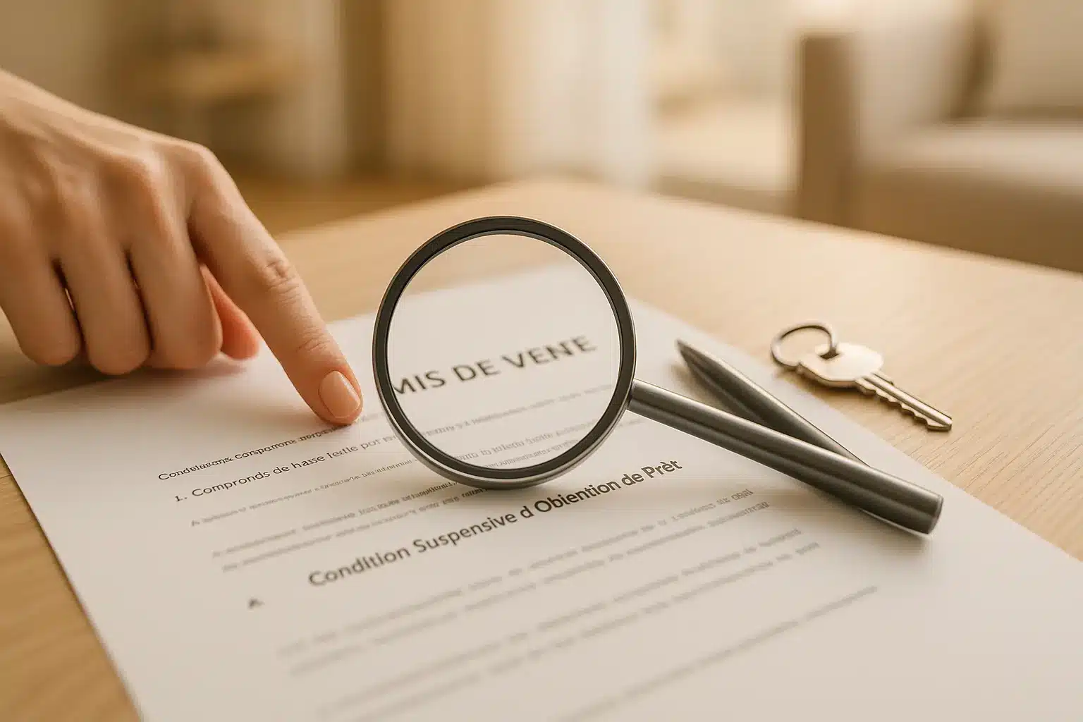 Une main désigne un document posé sur une table à côté duquel se trouvent une loupe un stylo et un trousseau de clés