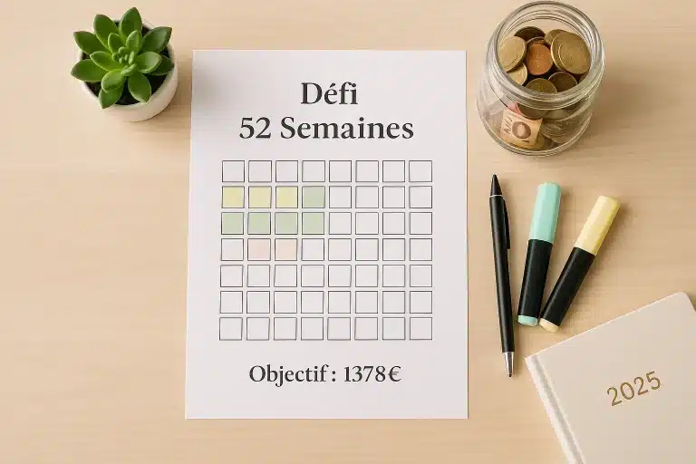 Une feuille de défi d épargne de semaines avec un objectif de euros se trouve sur un bureau avec une plante un bocal de pièces de monnaie des stylos et un agenda certains carrés de la feuille sont colorés