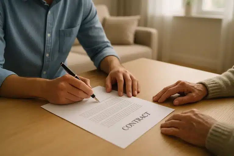 Prêt familial : erreurs à éviter pour sécuriser l'accord 7 Deux personnes sont assises à une table et l une d elles signe un contrat avec un stylo le document contractuel porte la mention "contrat" en bas
