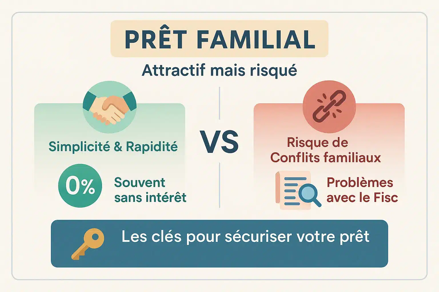 Illustration d'un prêt familial avec balance entre avantages et risques