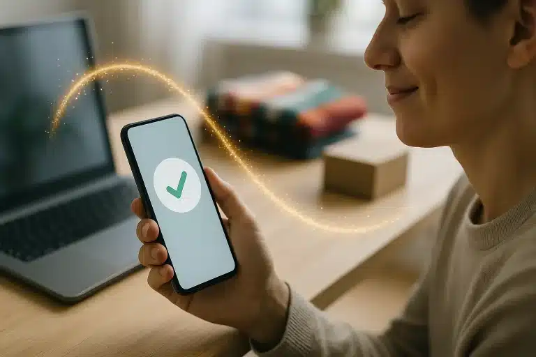 Une personne tient un smartphone affichant une coche sur l écran assise à un bureau avec un ordinateur portable et une couverture pliée en arrière plan