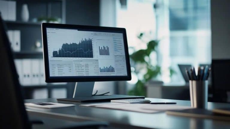 Un écran d ordinateur placé sur un bureau affiche des graphiques et des tableaux contenant des données financières ; des fournitures de bureau et des étagères sont visibles à l arrière plan