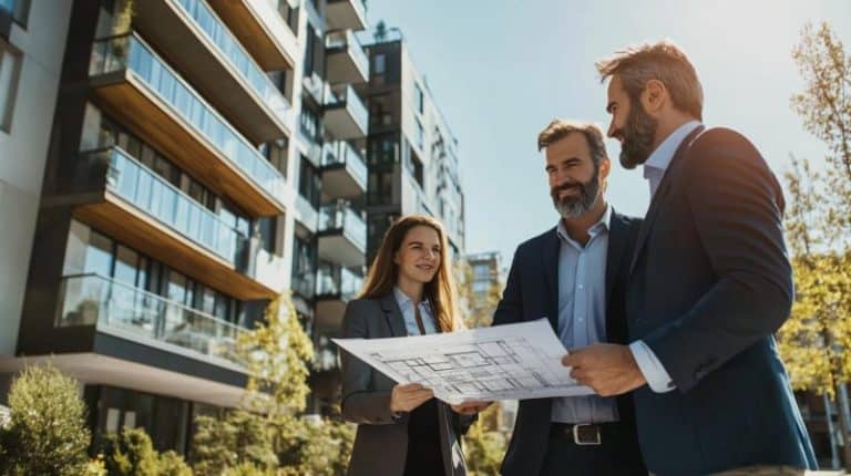 Trois professionnels discutent en plein air de plans de construction avec des immeubles d habitation modernes visibles à l arrière plan