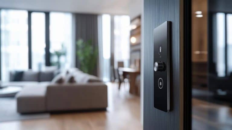 Une serrure de porte intelligente moderne est montée sur une porte avec en arrière plan flou un salon contemporain comprenant un canapé et de grandes fenêtres