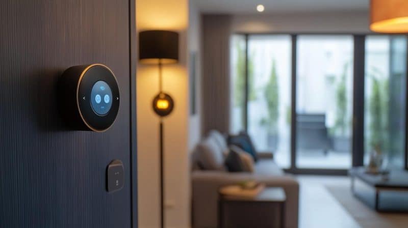 Thermostat intelligent fixé au mur dans un salon moderne avec un canapé une lampe et de grandes fenêtres en arrière plan