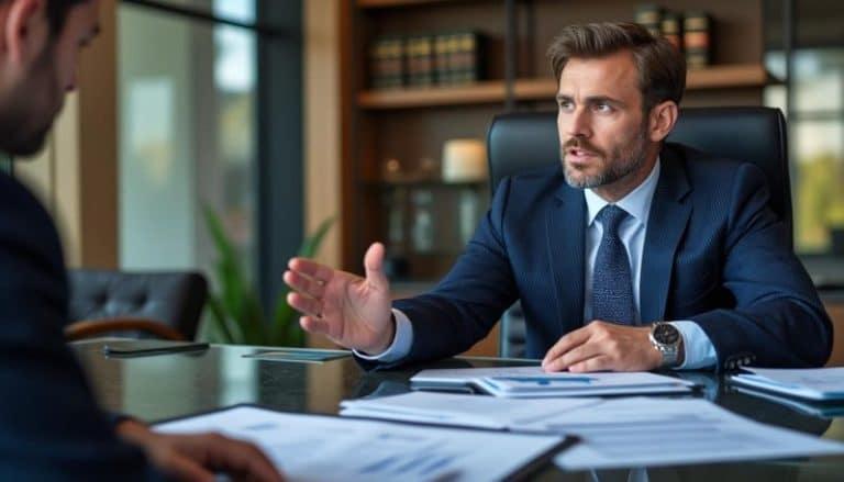 Un homme en costume est assis à un bureau avec des documents faisant des gestes tout en parlant à une autre personne dans un bureau moderne