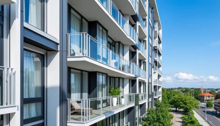 Immeuble d appartements moderne avec balcons en verre grandes fenêtres et plantes d extérieur sur fond de ciel bleu clair et d arbres feuillus